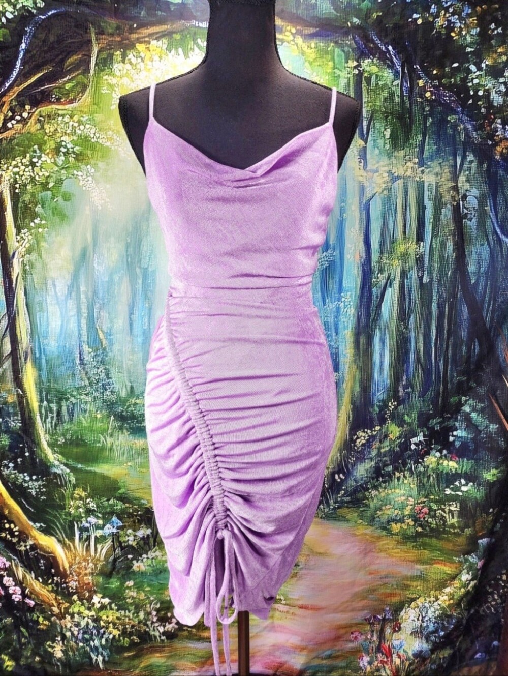 🪻BARDOT Lilac Shimmer Kinsley Ruched Cowl Neck Slip Dress SIZE S NWT!